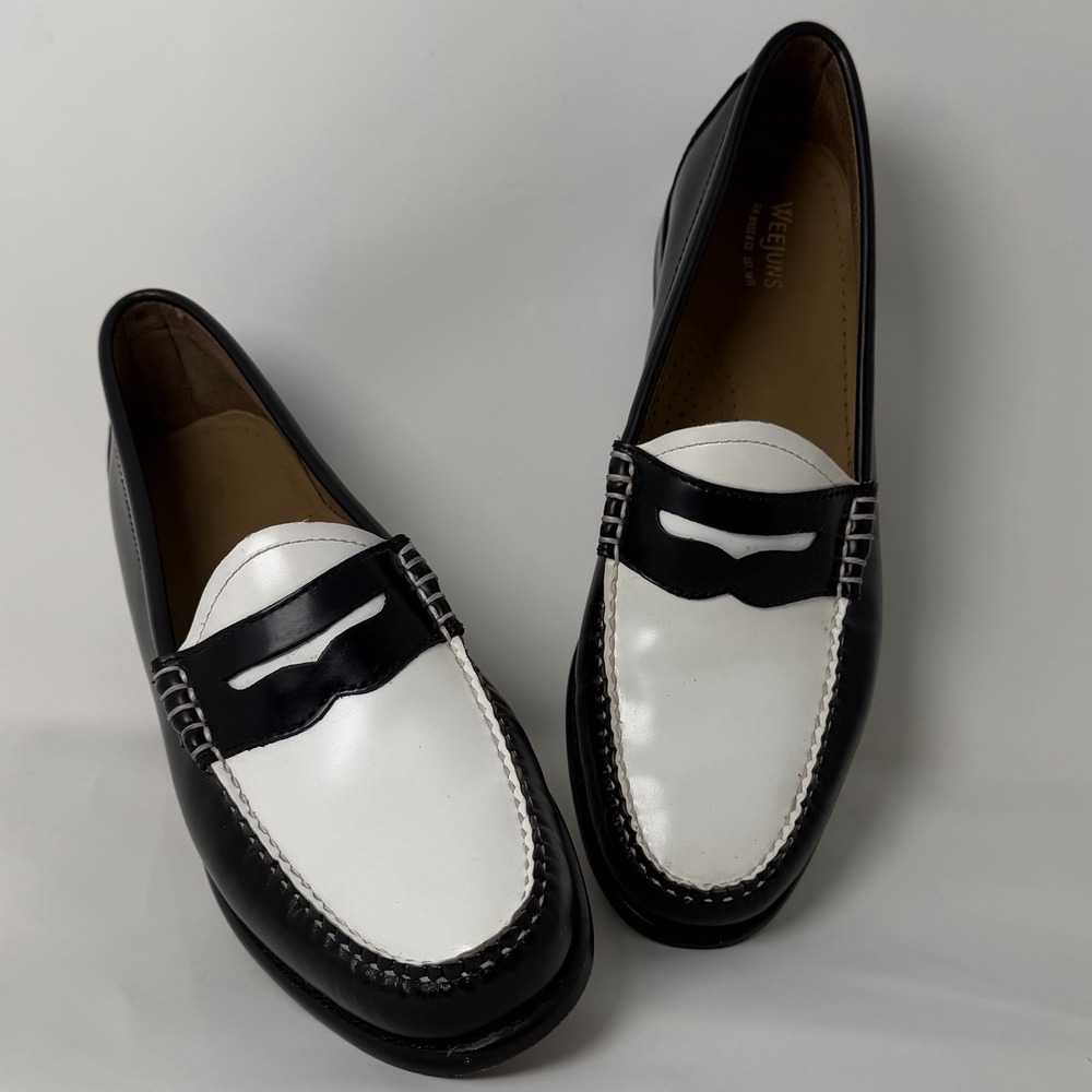 G H Bass Weejuns Handcrafted Black/White Spectators  Penny Loafers Women's 9M